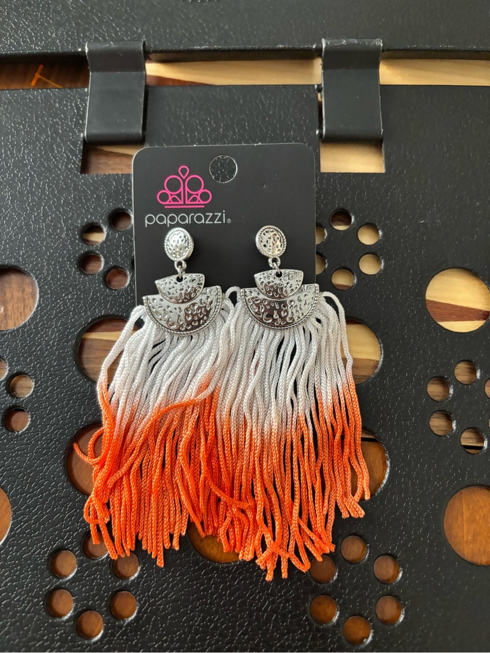 paparazzi Silver and White-to-Orange Ombre Tassel Earrings